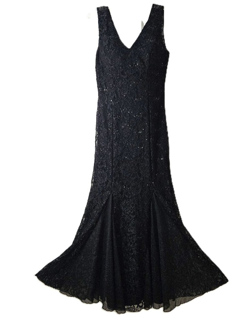 Black Lace Sequin Mermaid Gown V Neck Back Formal Dress Made USA Sz Large